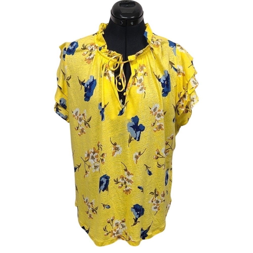 Lauren Ralph‎ Lauren Women's Yellow Floral Ruffle Sleeve Tie Neck Blouse XL